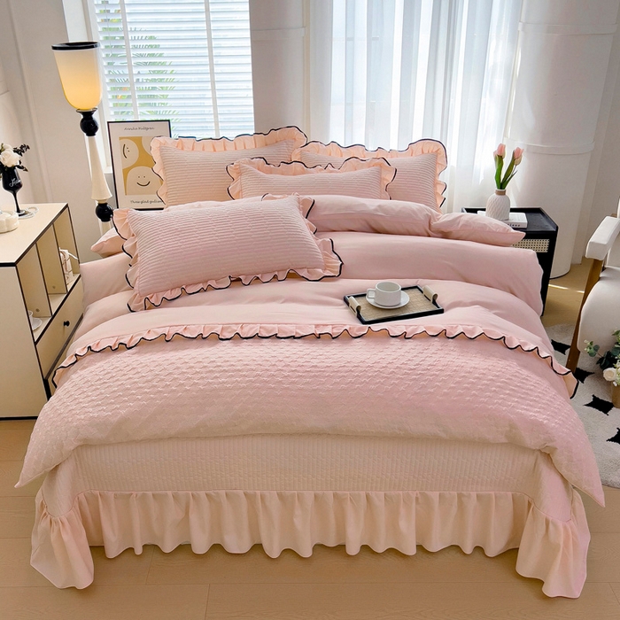 畅畅家纺 2026新款春夏时尚柔软水洗棉床盖被套四件套 藕粉
