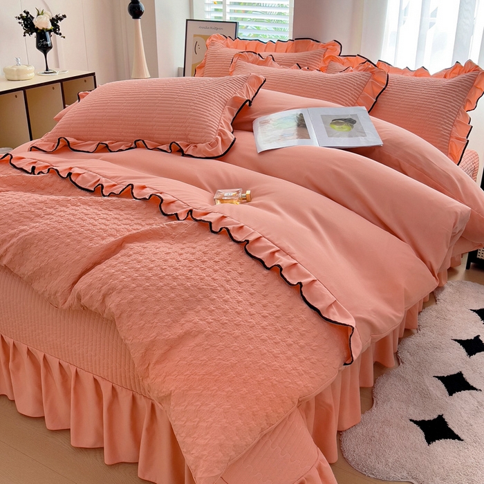 91家纺网 家纺一手货源 找家纺 畅畅家纺 2026新款春夏时尚柔软水洗棉床盖被套四件套 橘粉