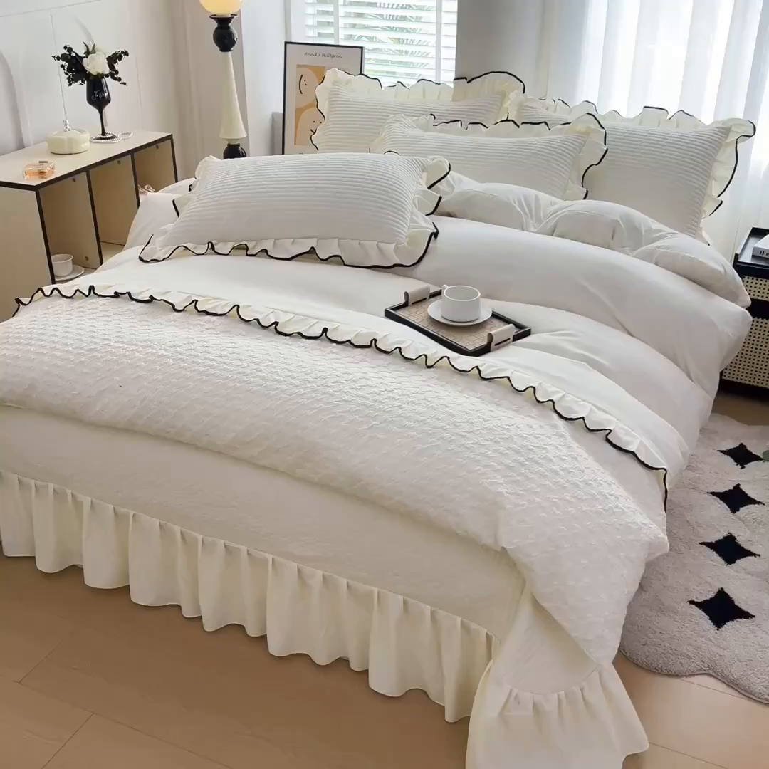 91家纺网 家纺一手货源 找家纺 畅畅家纺 2026新款春夏时尚柔软水洗棉床盖被套四件套 米白