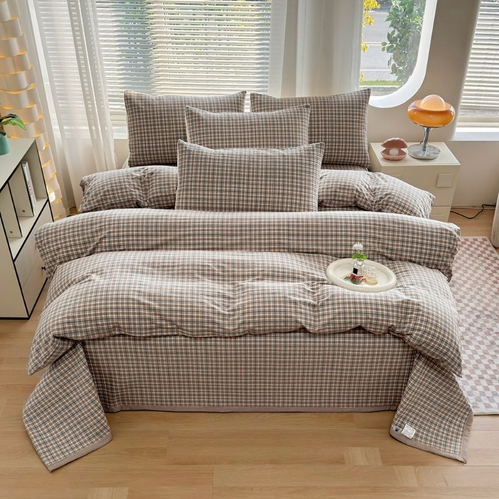 梦精灵家纺 2026新款全棉纯棉色织水洗棉四件套绗缝夹棉床盖防滑床单四季通用米单人学生宿舍 可颂-咖