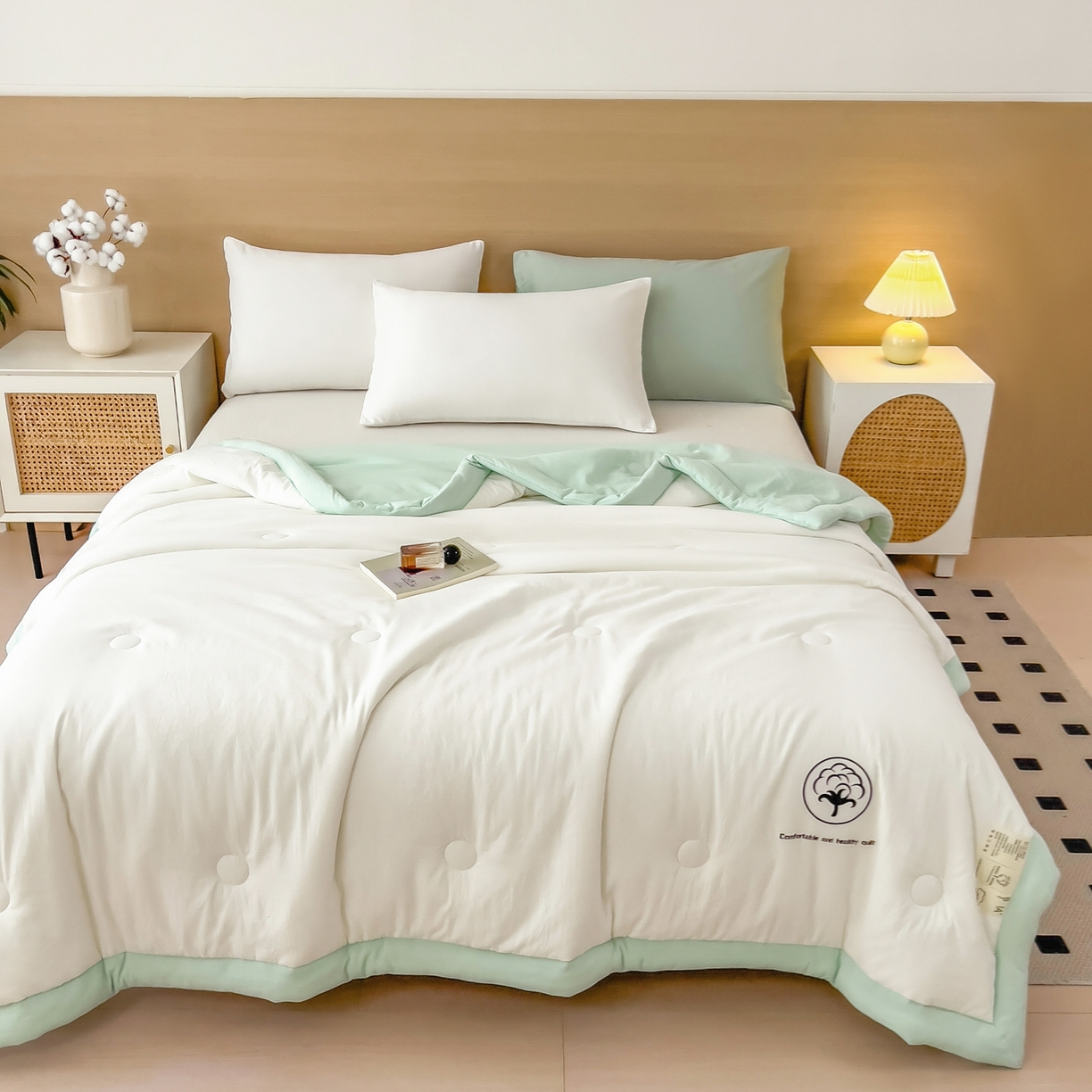 91家纺网 家纺一手货源 找家纺 好尚居 2026新款纯色烫画夏被夏凉被空调被-棉记 棉记-白绿