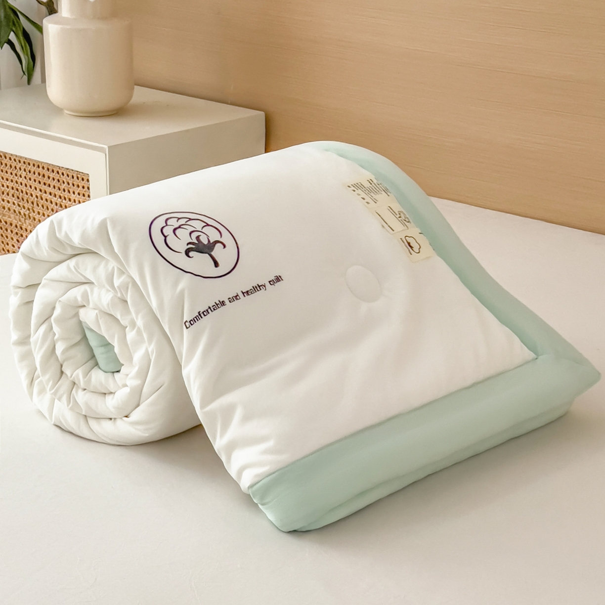 91家纺网 家纺一手货源 找家纺 好尚居 2026新款纯色烫画夏被夏凉被空调被-棉记 棉记-白绿