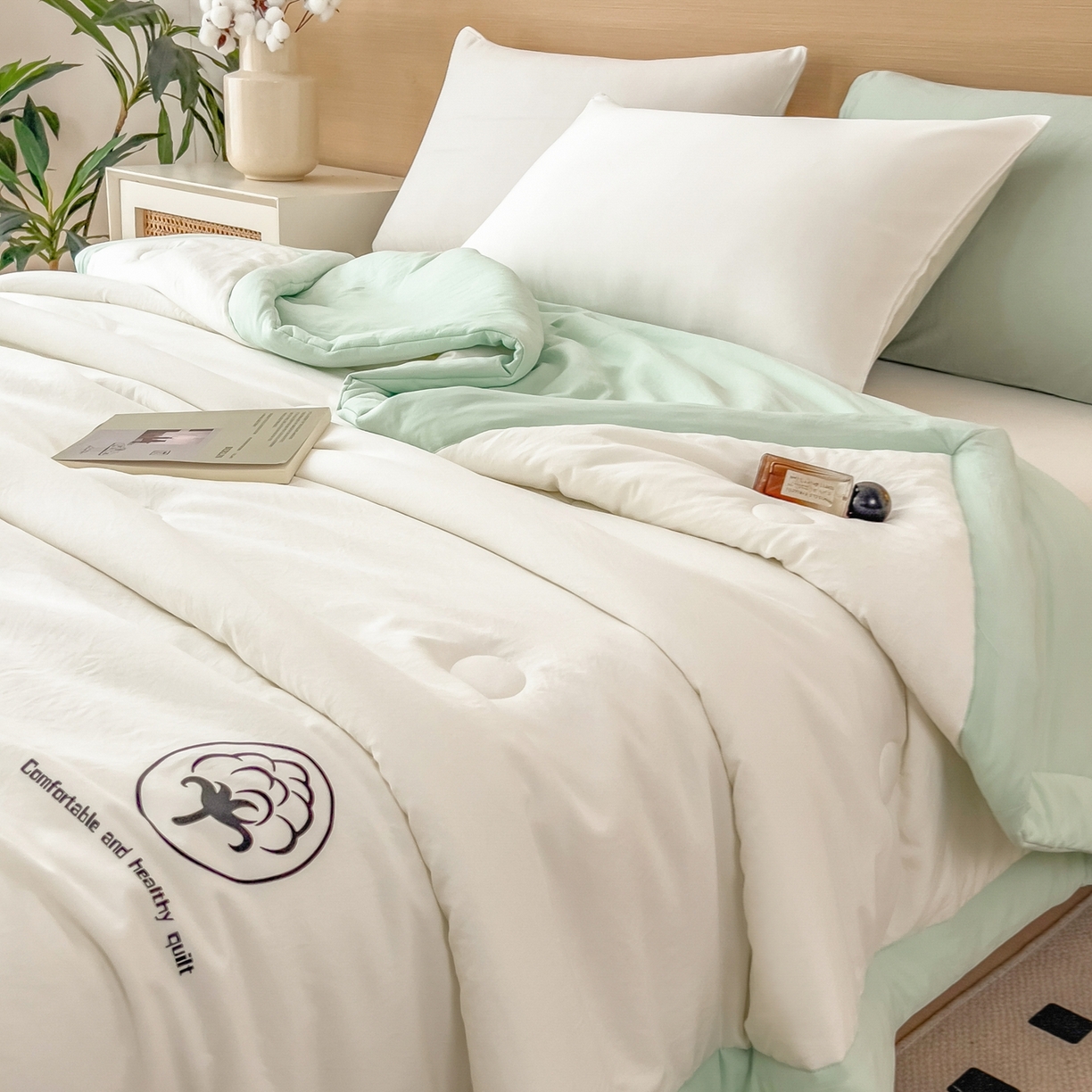 91家纺网 家纺一手货源 找家纺 好尚居 2026新款纯色烫画夏被夏凉被空调被-棉记 棉记-白绿