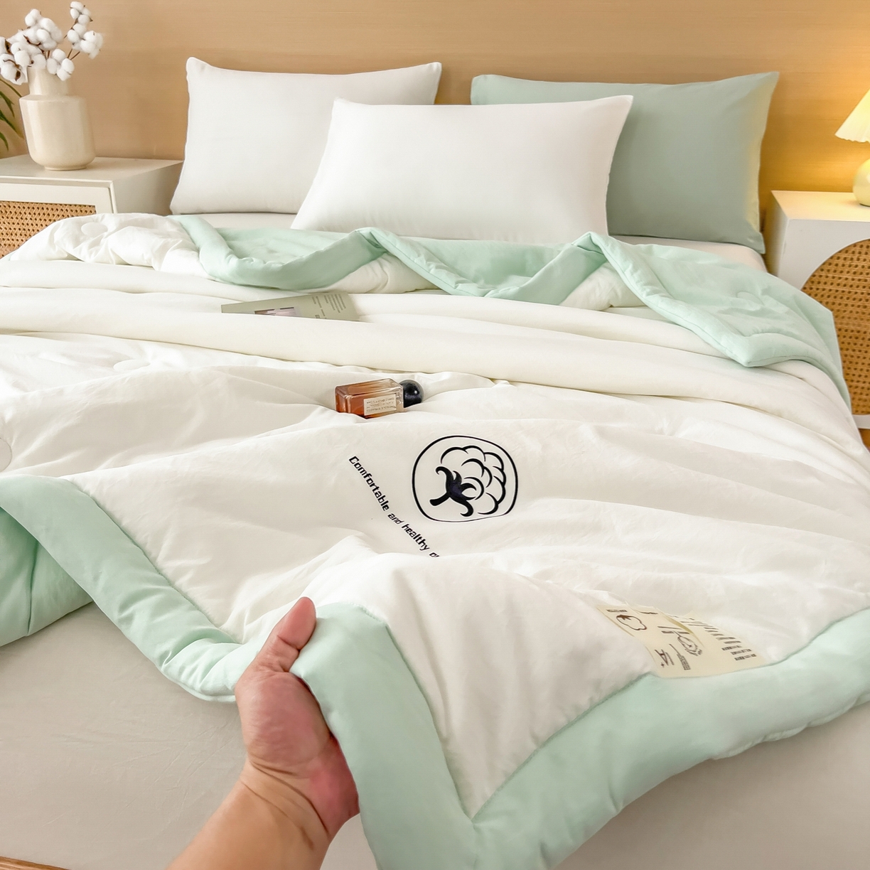 91家纺网 家纺一手货源 找家纺 好尚居 2026新款纯色烫画夏被夏凉被空调被-棉记 棉记-白绿
