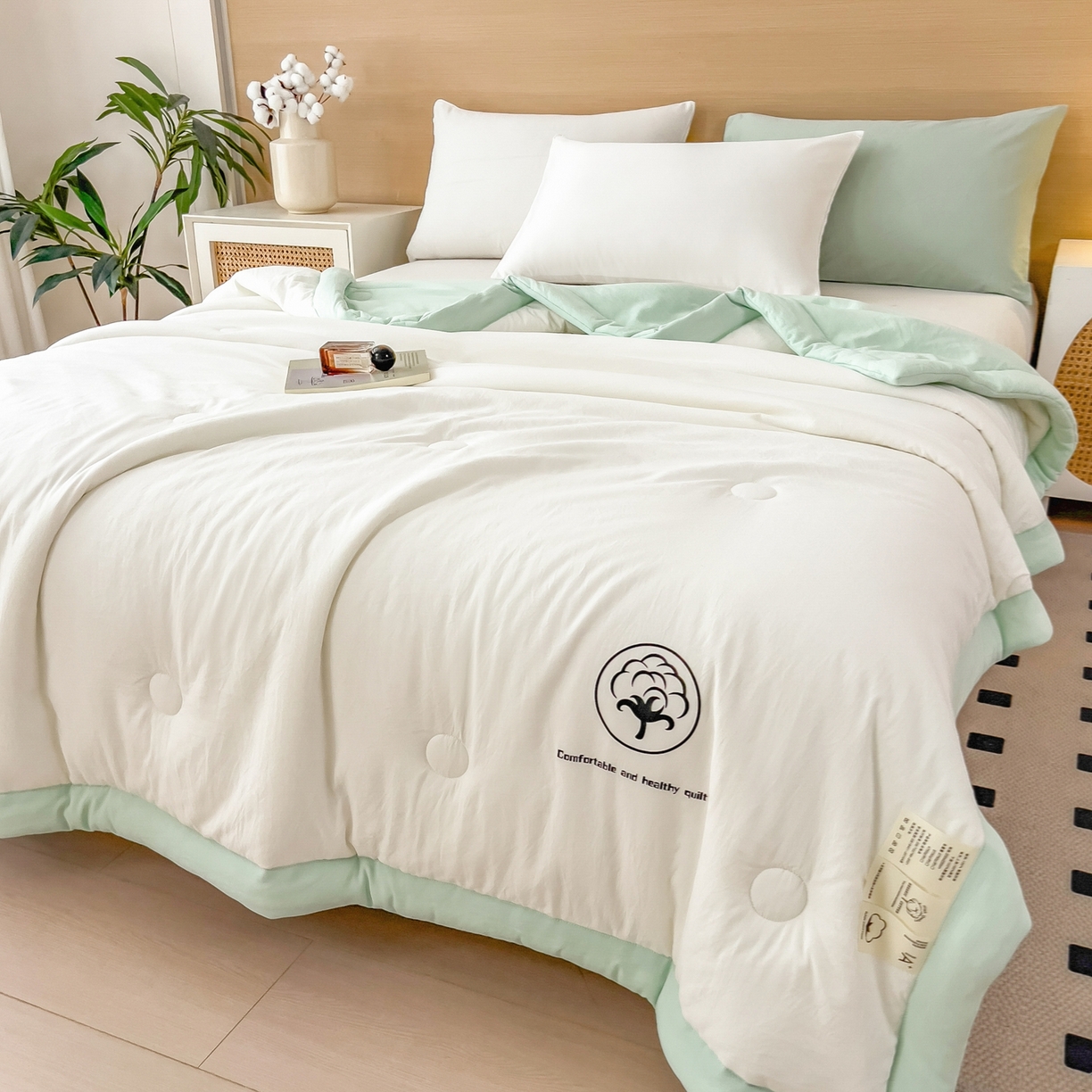 91家纺网 家纺一手货源 找家纺 好尚居 2026新款纯色烫画夏被夏凉被空调被-棉记 棉记-白绿