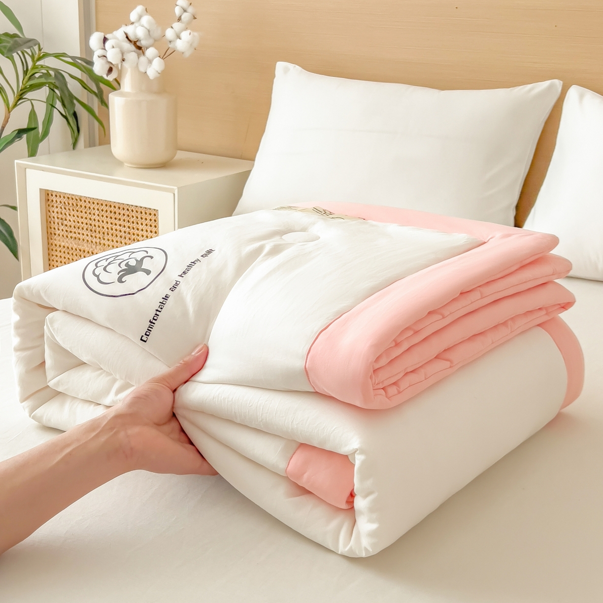 91家纺网 家纺一手货源 找家纺 好尚居 2026新款纯色烫画夏被夏凉被空调被-棉记 棉记-白粉