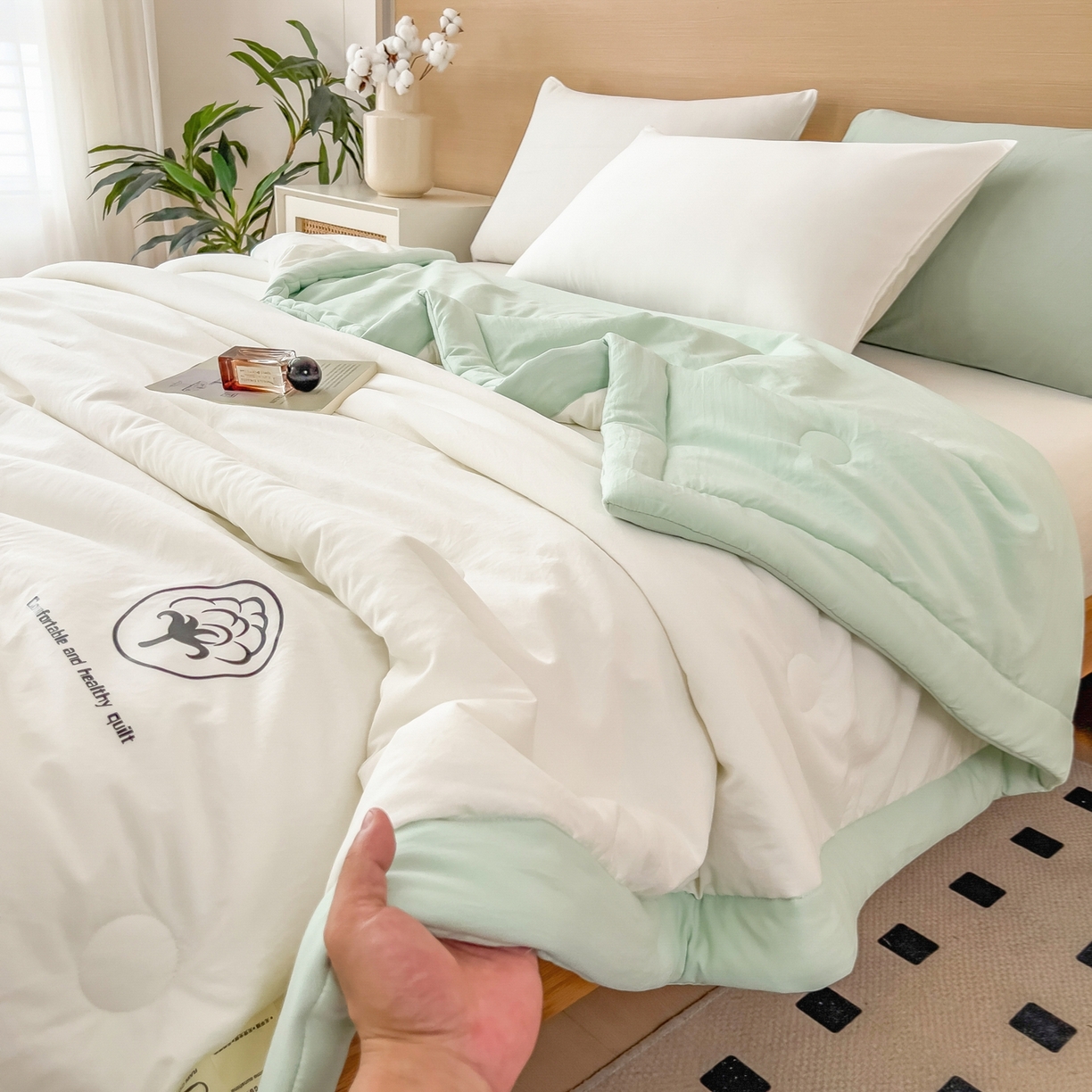 91家纺网 家纺一手货源 找家纺 好尚居 2026新款纯色烫画夏被夏凉被空调被-棉记 棉记-白绿