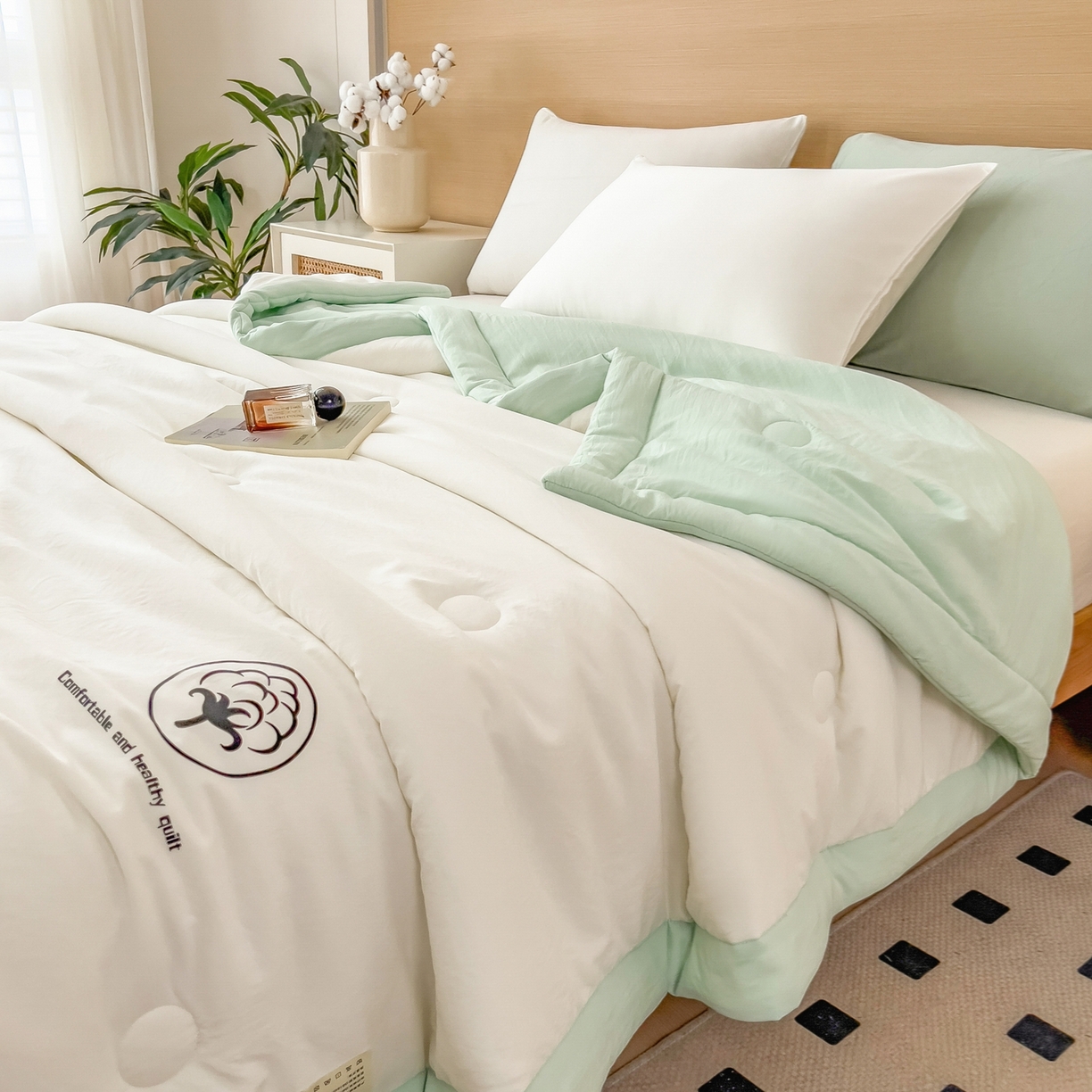 91家纺网 家纺一手货源 找家纺 好尚居 2026新款纯色烫画夏被夏凉被空调被-棉记 棉记-白绿