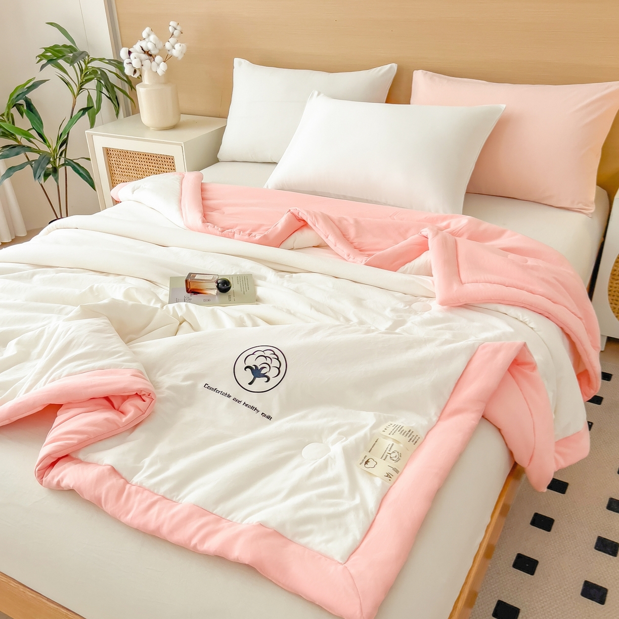 91家纺网 家纺一手货源 找家纺 好尚居 2026新款纯色烫画夏被夏凉被空调被-棉记 棉记-白粉