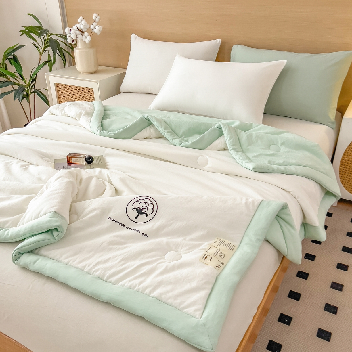 91家纺网 家纺一手货源 找家纺 好尚居 2026新款纯色烫画夏被夏凉被空调被-棉记 棉记-白绿