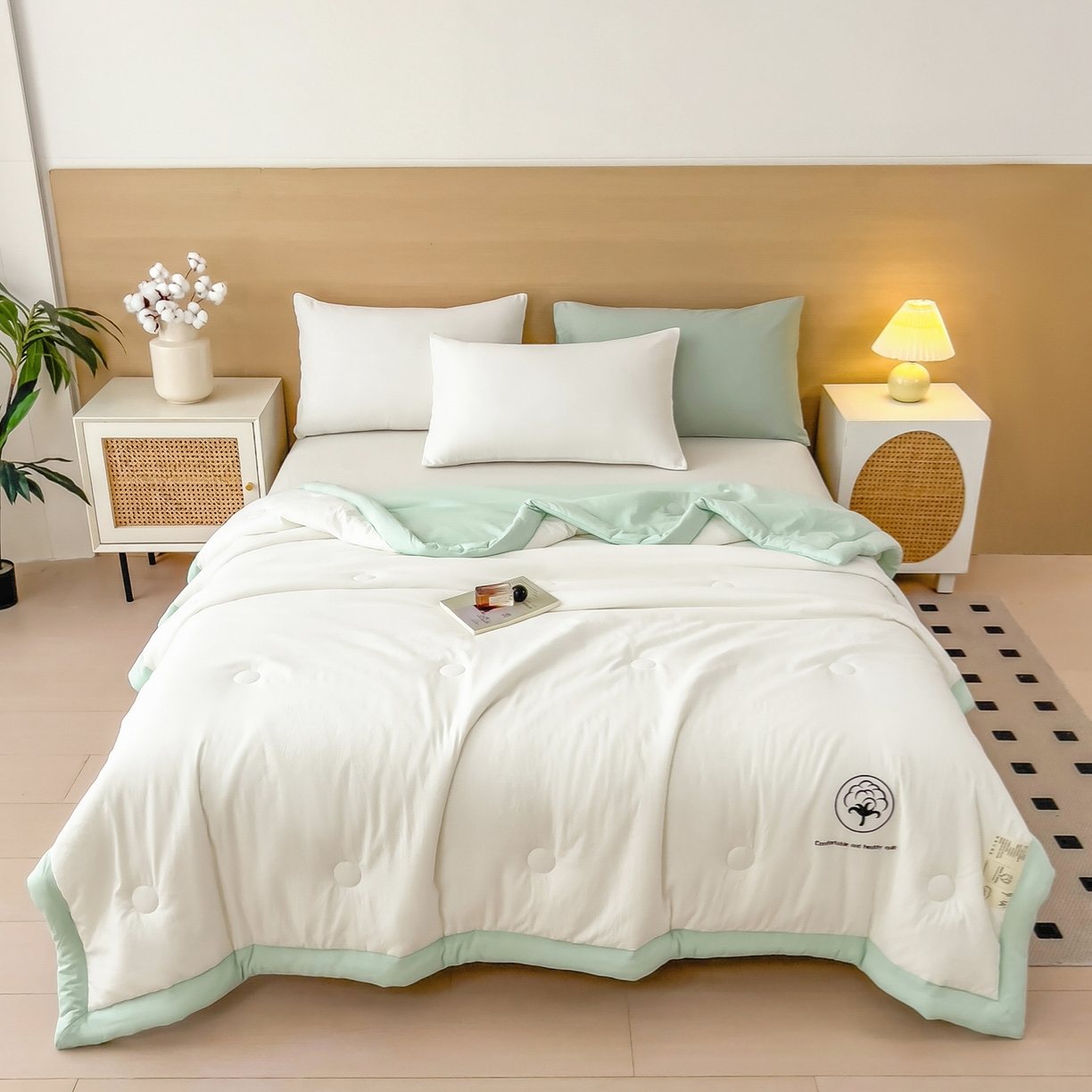 91家纺网 家纺一手货源 找家纺 好尚居 2026新款纯色烫画夏被夏凉被空调被-棉记 棉记-白绿