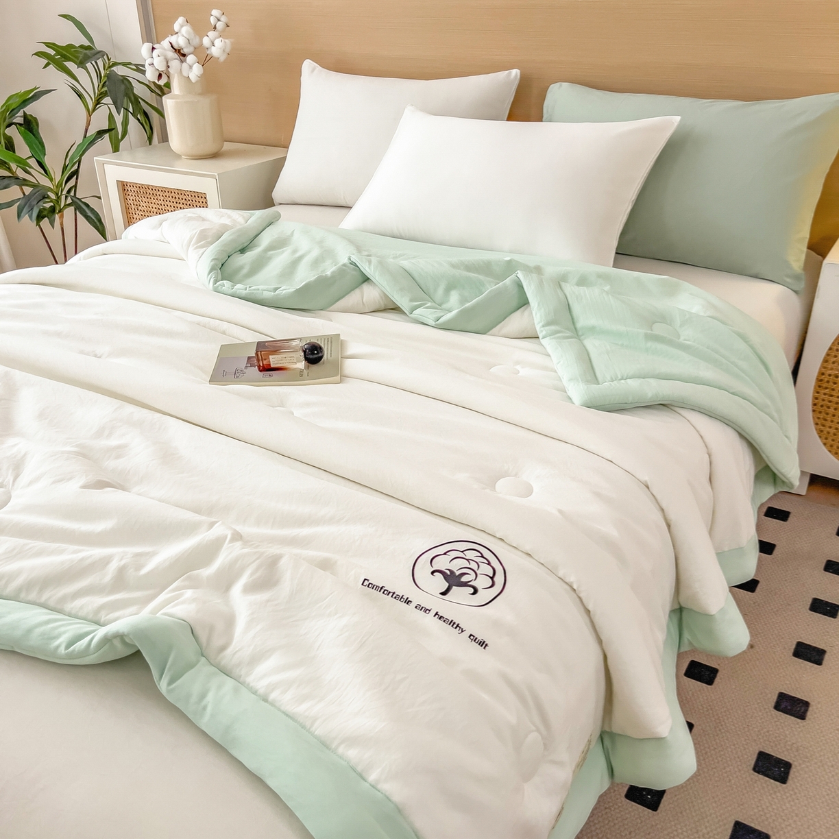 91家纺网 家纺一手货源 找家纺 好尚居 2026新款纯色烫画夏被夏凉被空调被-棉记 棉记-白绿