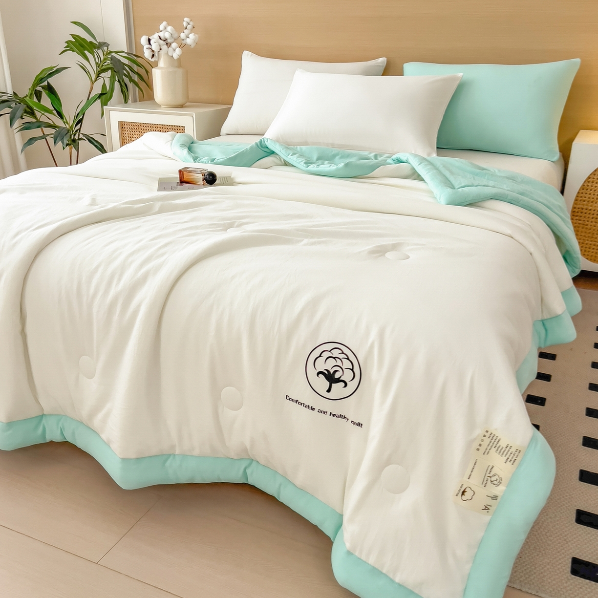 91家纺网 家纺一手货源 找家纺 好尚居 2026新款纯色烫画夏被夏凉被空调被-棉记 棉记-薄荷白