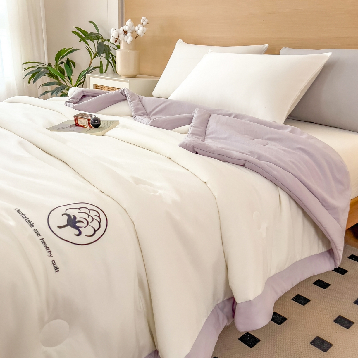 91家纺网 家纺一手货源 找家纺 好尚居 2026新款纯色烫画夏被夏凉被空调被-棉记 棉记-白紫
