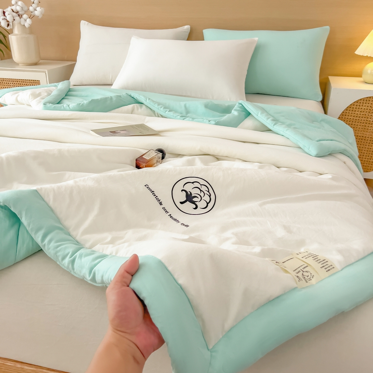 91家纺网 家纺一手货源 找家纺 好尚居 2026新款纯色烫画夏被夏凉被空调被-棉记 棉记-薄荷白