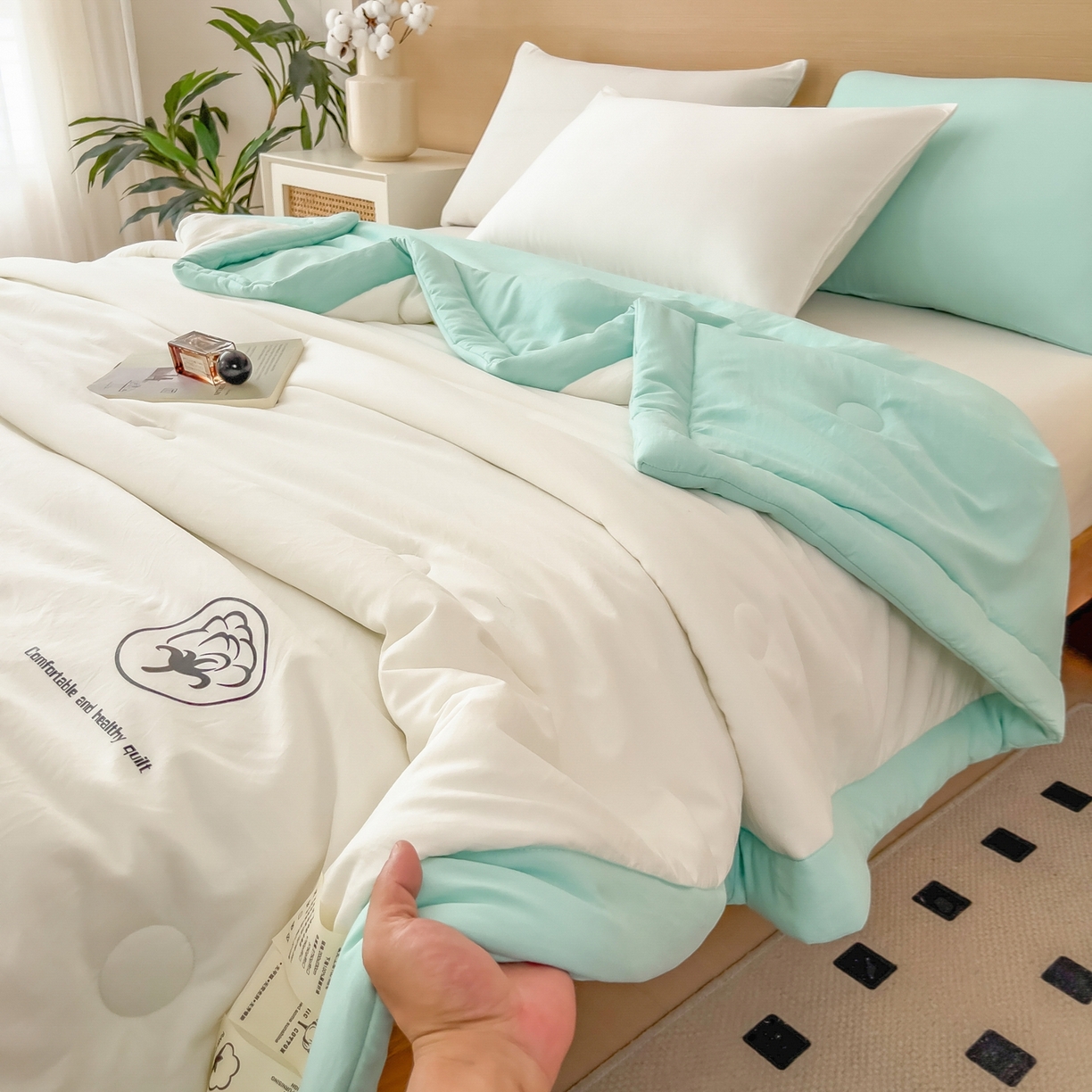 91家纺网 家纺一手货源 找家纺 好尚居 2026新款纯色烫画夏被夏凉被空调被-棉记 棉记-薄荷白