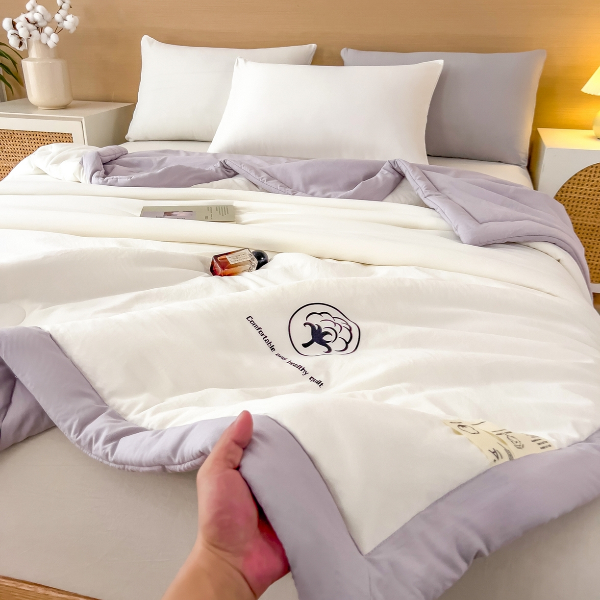 91家纺网 家纺一手货源 找家纺 好尚居 2026新款纯色烫画夏被夏凉被空调被-棉记 棉记-白紫