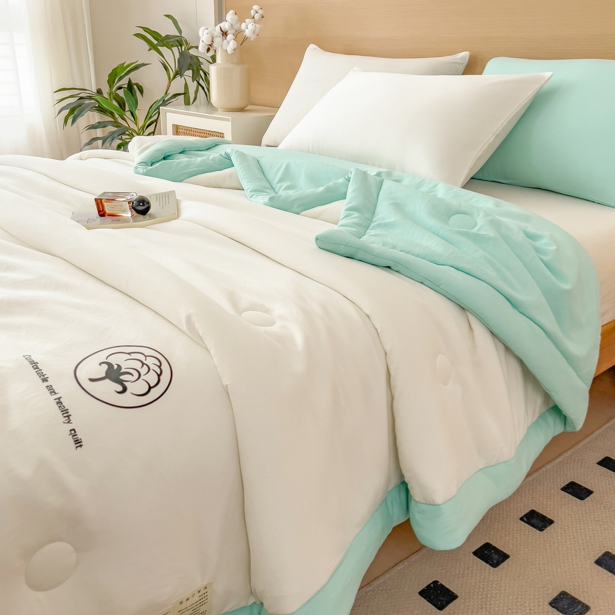 91家纺网 家纺一手货源 找家纺 好尚居 2026新款纯色烫画夏被夏凉被空调被-棉记 棉记-薄荷白