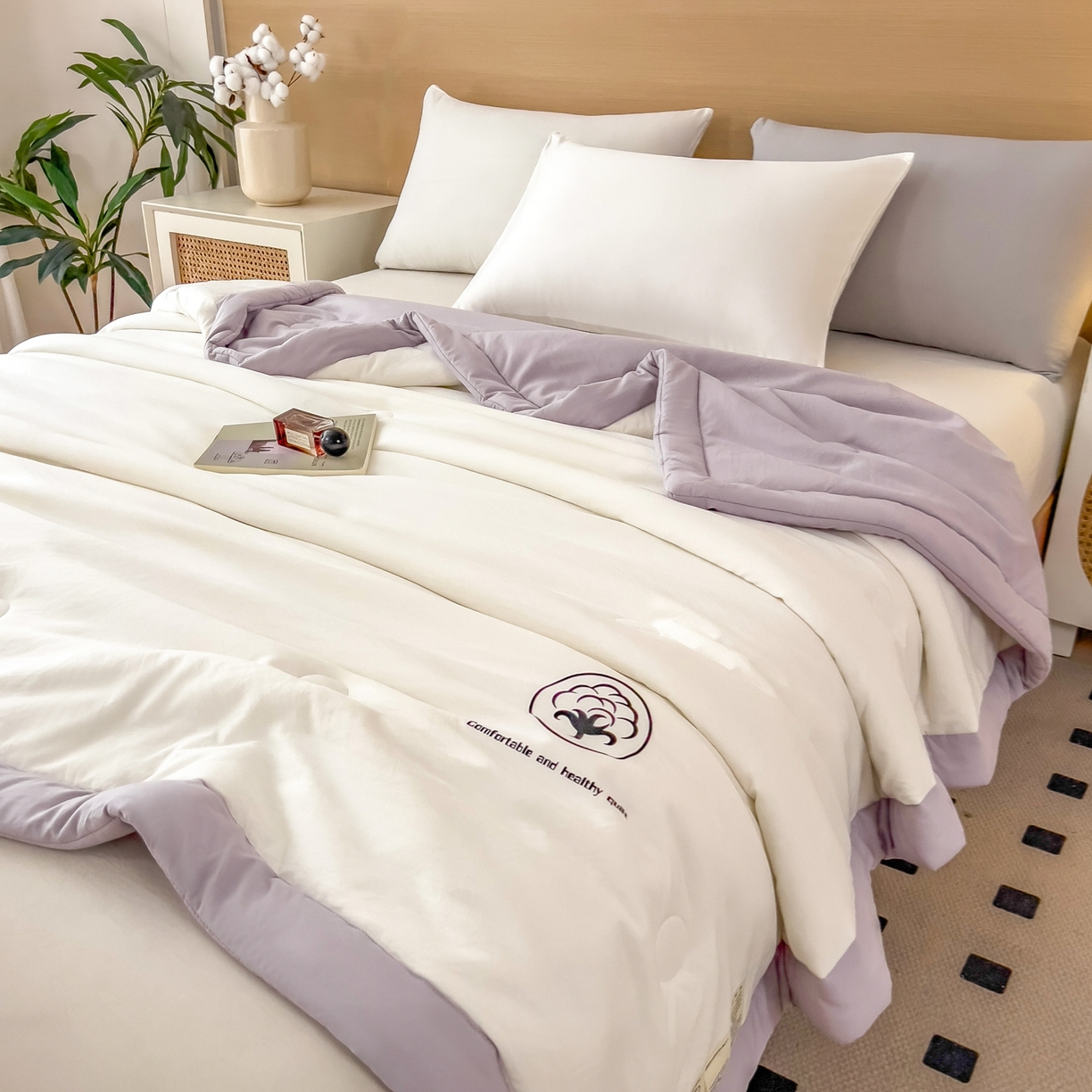 91家纺网 家纺一手货源 找家纺 好尚居 2026新款纯色烫画夏被夏凉被空调被-棉记 棉记-白紫