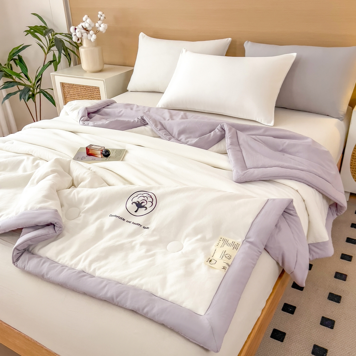 91家纺网 家纺一手货源 找家纺 好尚居 2026新款纯色烫画夏被夏凉被空调被-棉记 棉记-白紫