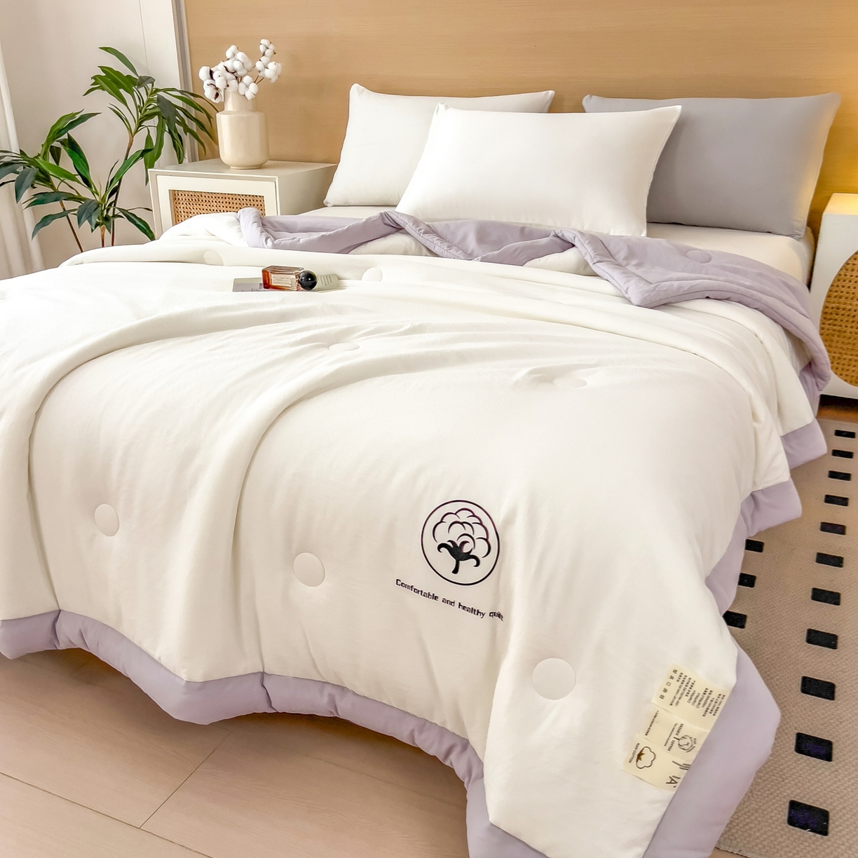 91家纺网 家纺一手货源 找家纺 好尚居 2026新款纯色烫画夏被夏凉被空调被-棉记 棉记-白紫