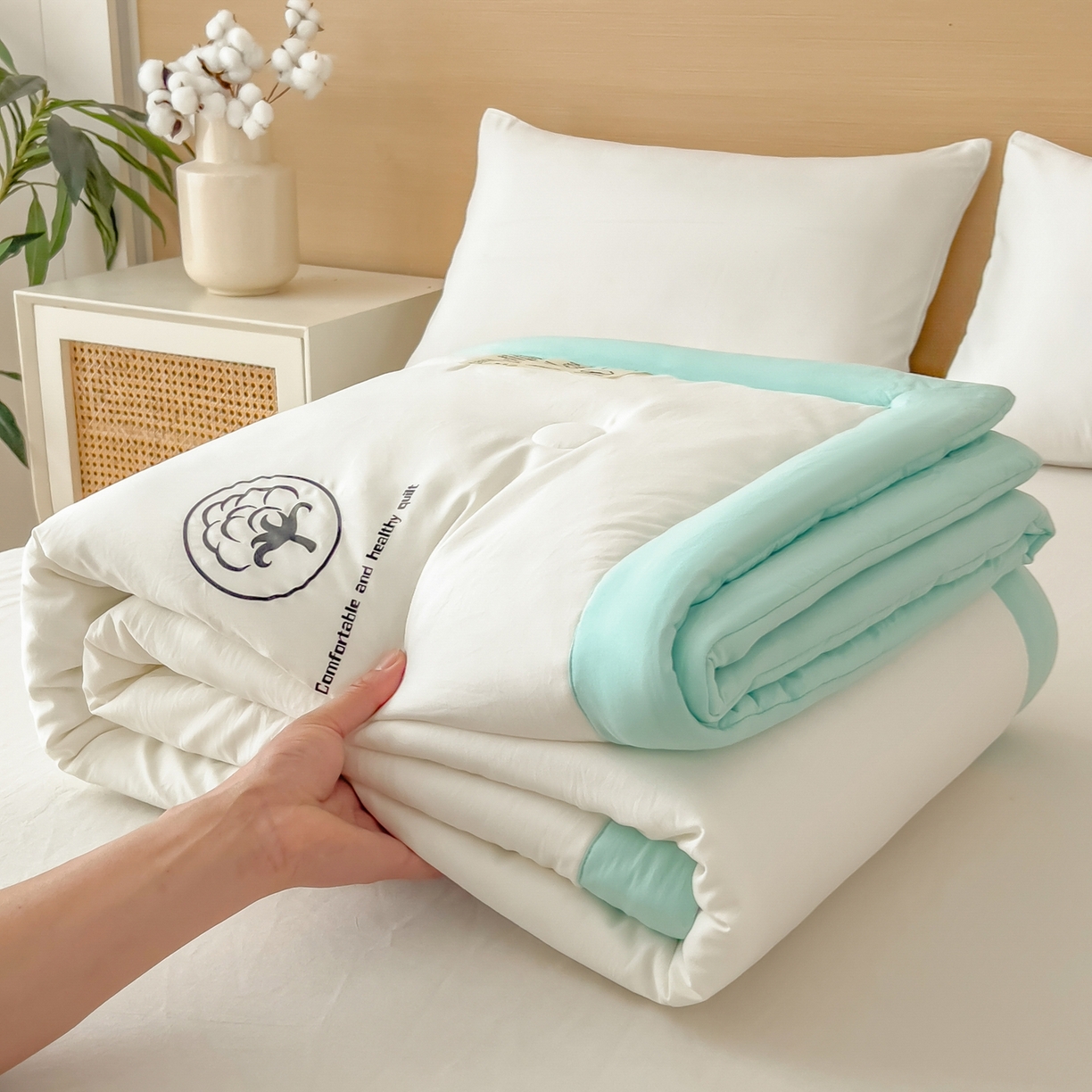 91家纺网 家纺一手货源 找家纺 好尚居 2026新款纯色烫画夏被夏凉被空调被-棉记 棉记-薄荷白