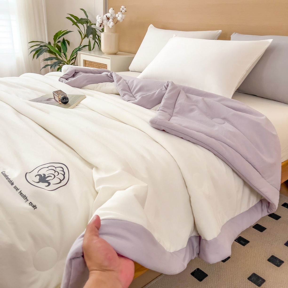 91家纺网 家纺一手货源 找家纺 好尚居 2026新款纯色烫画夏被夏凉被空调被-棉记 棉记-白紫