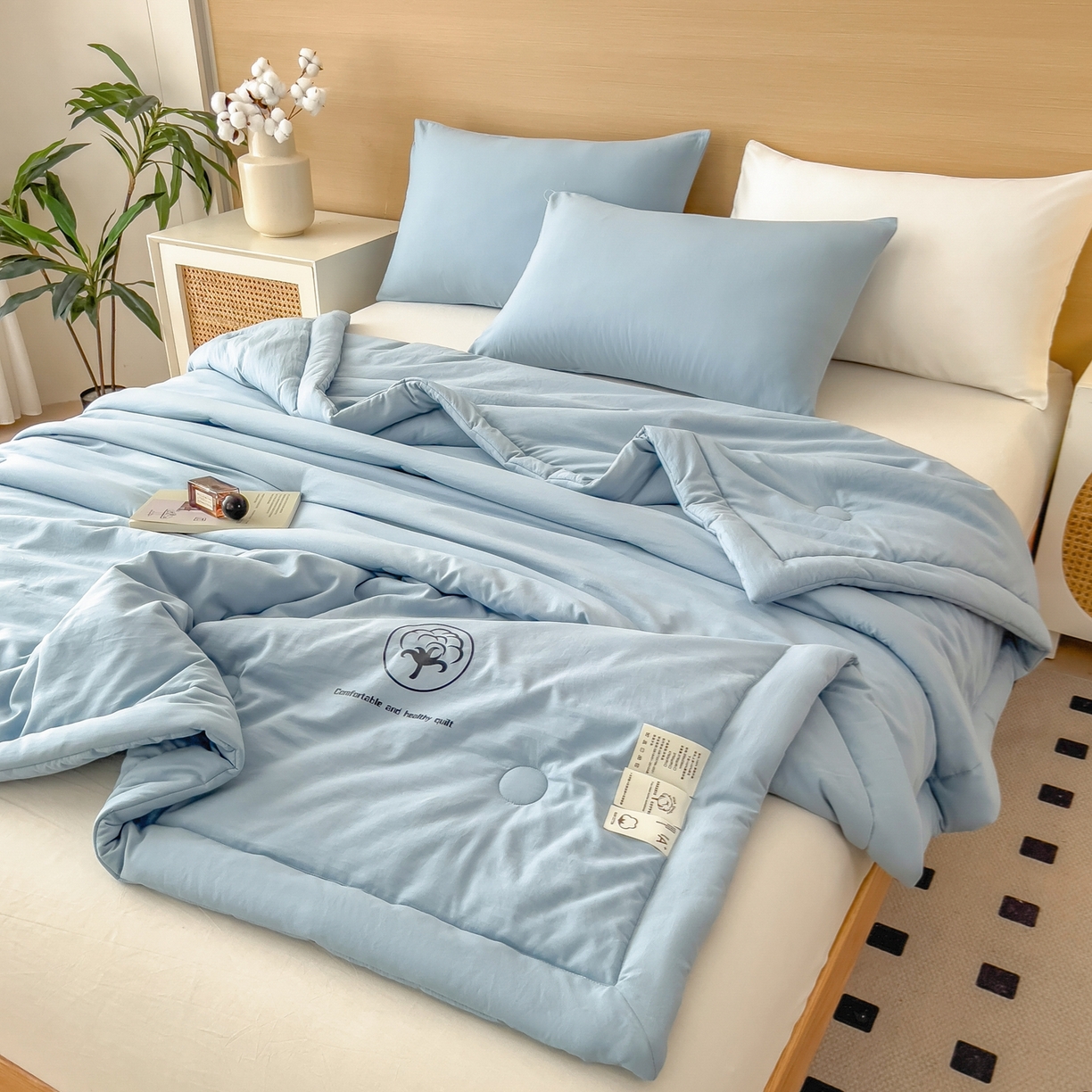 91家纺网 家纺一手货源 找家纺 好尚居 2026新款纯色烫画夏被夏凉被空调被-棉记 棉记-湖蓝