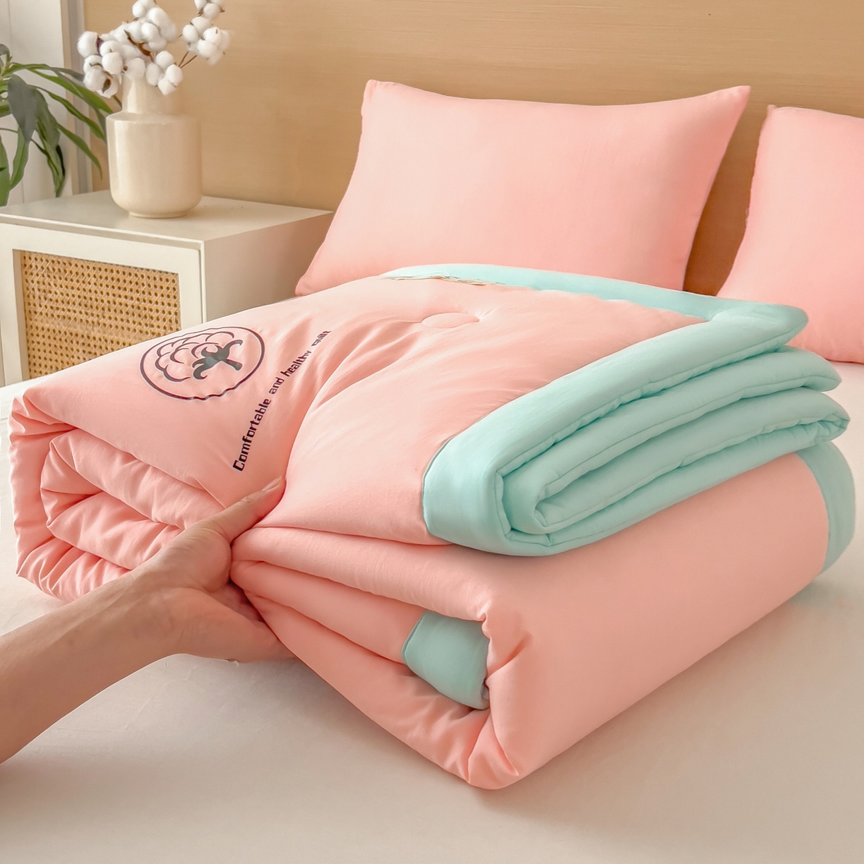 91家纺网 家纺一手货源 找家纺 好尚居 2026新款纯色烫画夏被夏凉被空调被-棉记 棉记-粉绿