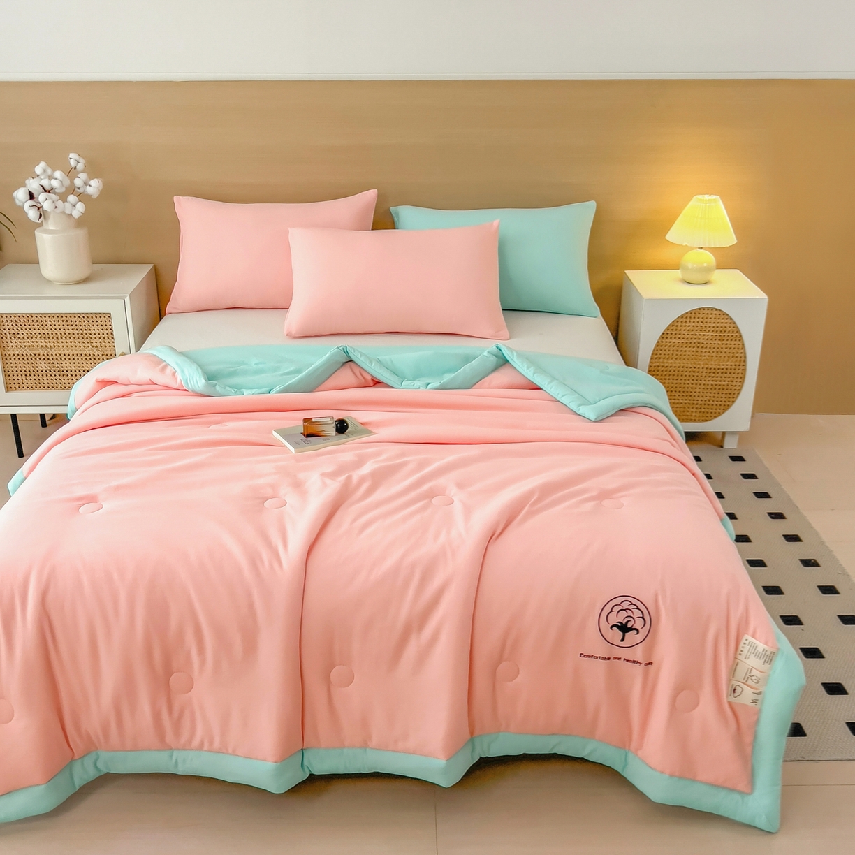 91家纺网 家纺一手货源 找家纺 好尚居 2026新款纯色烫画夏被夏凉被空调被-棉记 棉记-粉绿