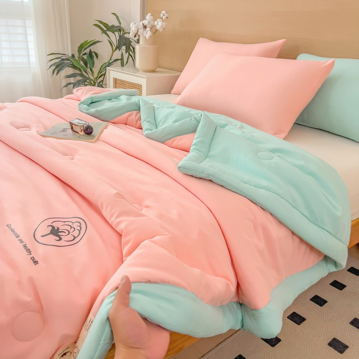 91家纺网 家纺一手货源 找家纺 好尚居 2026新款纯色烫画夏被夏凉被空调被-棉记 棉记-粉绿