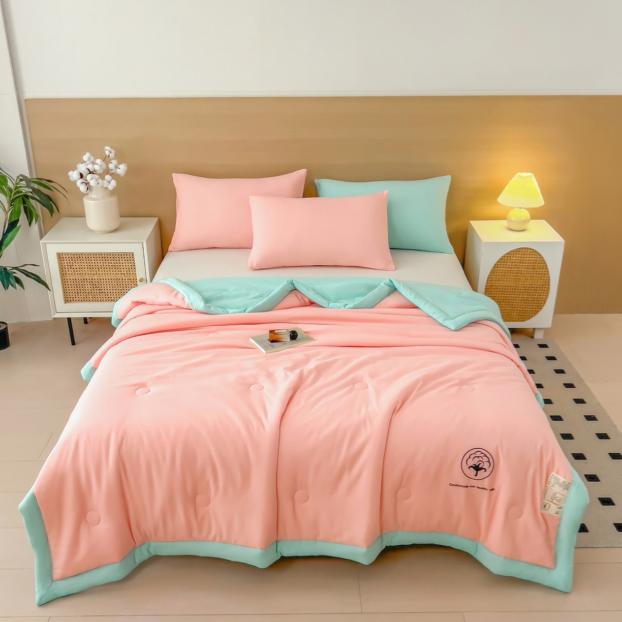 91家纺网 家纺一手货源 找家纺 好尚居 2026新款纯色烫画夏被夏凉被空调被-棉记 棉记-粉绿