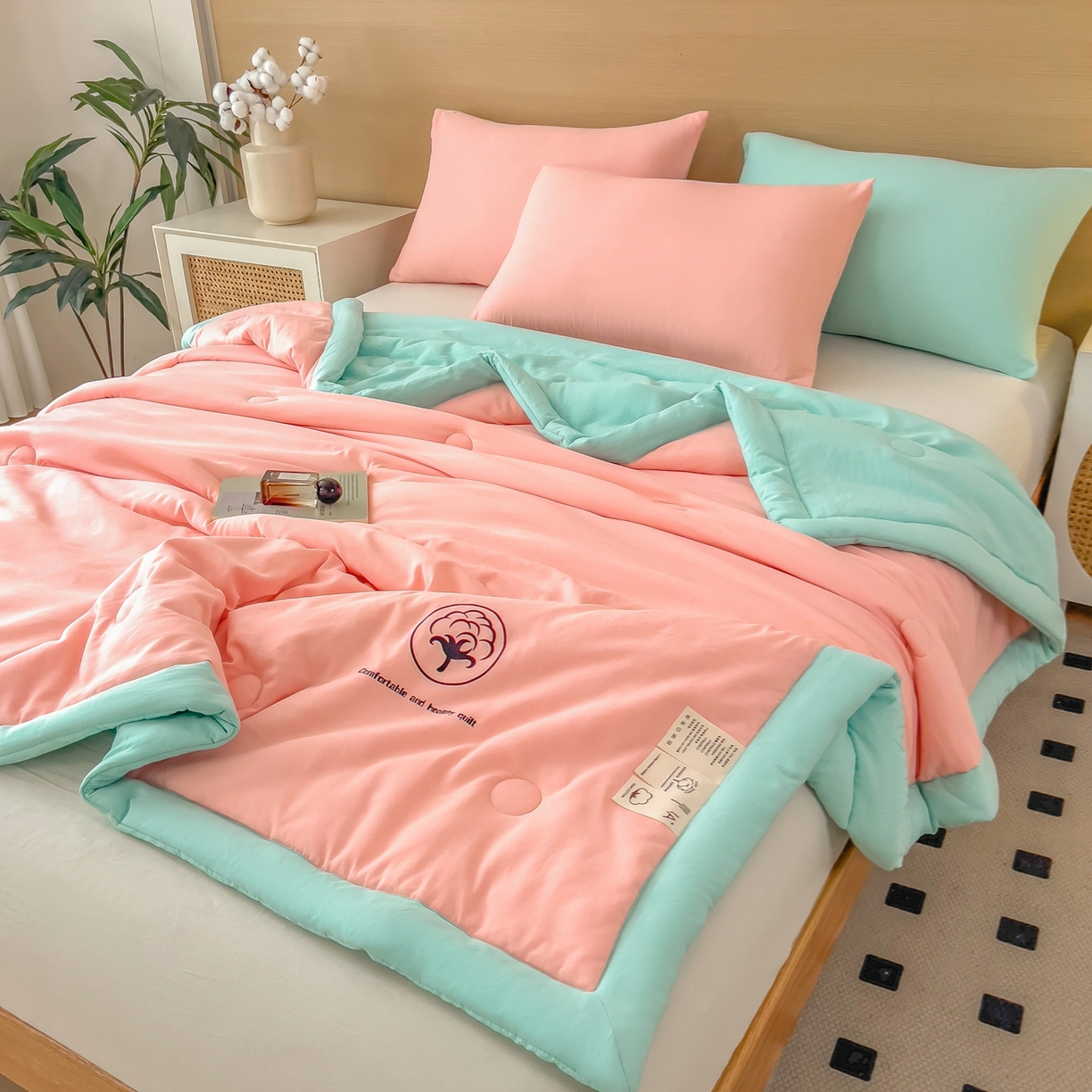 91家纺网 家纺一手货源 找家纺 好尚居 2026新款纯色烫画夏被夏凉被空调被-棉记 棉记-粉绿