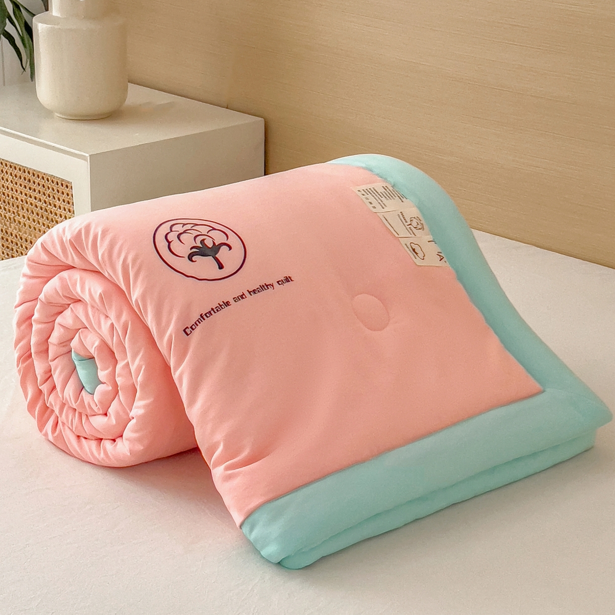 91家纺网 家纺一手货源 找家纺 好尚居 2026新款纯色烫画夏被夏凉被空调被-棉记 棉记-粉绿