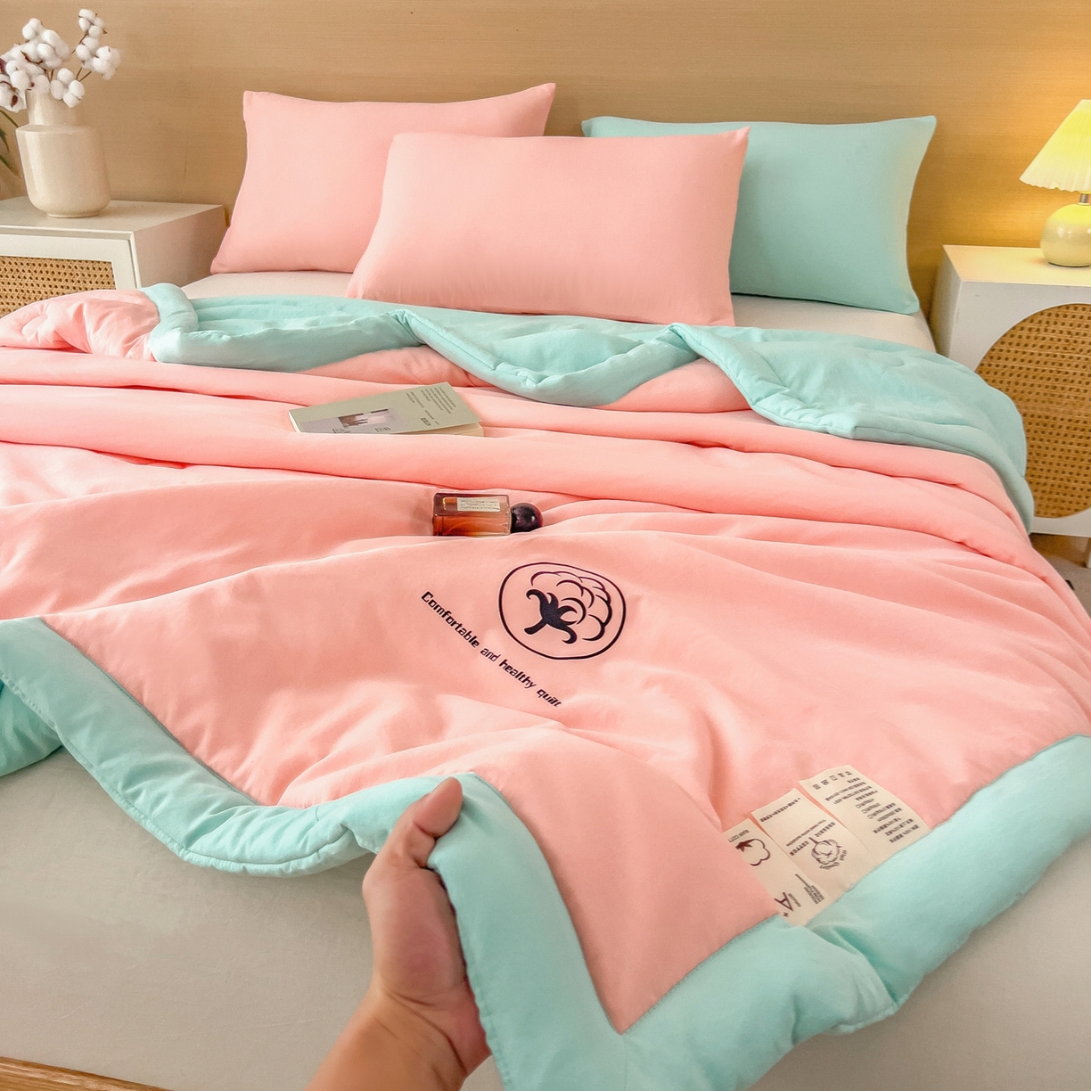 91家纺网 家纺一手货源 找家纺 好尚居 2026新款纯色烫画夏被夏凉被空调被-棉记 棉记-粉绿