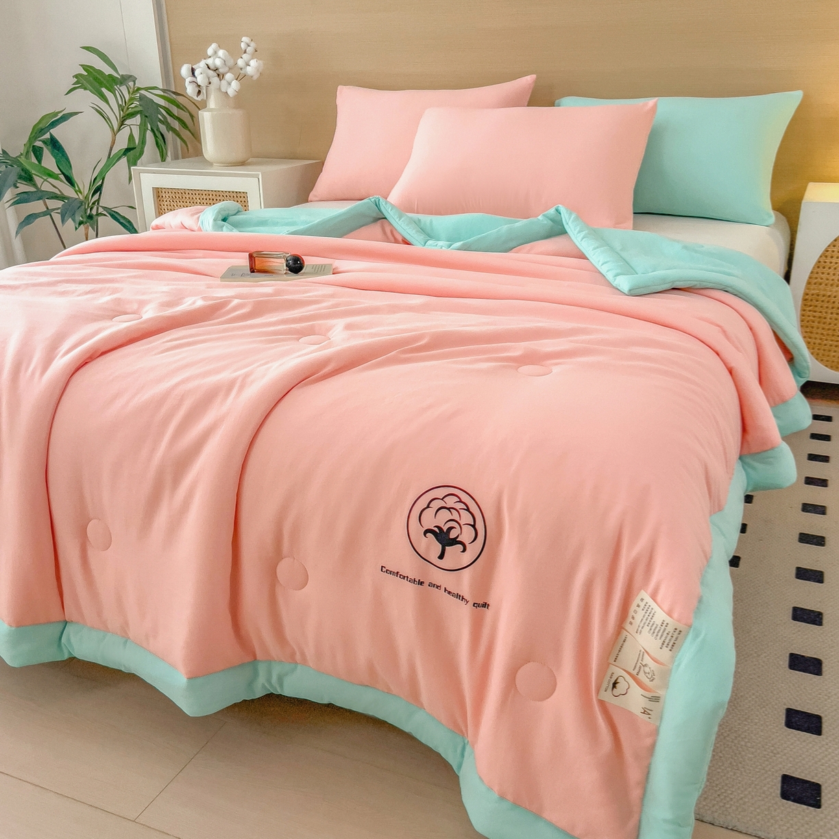 91家纺网 家纺一手货源 找家纺 好尚居 2026新款纯色烫画夏被夏凉被空调被-棉记 棉记-粉绿