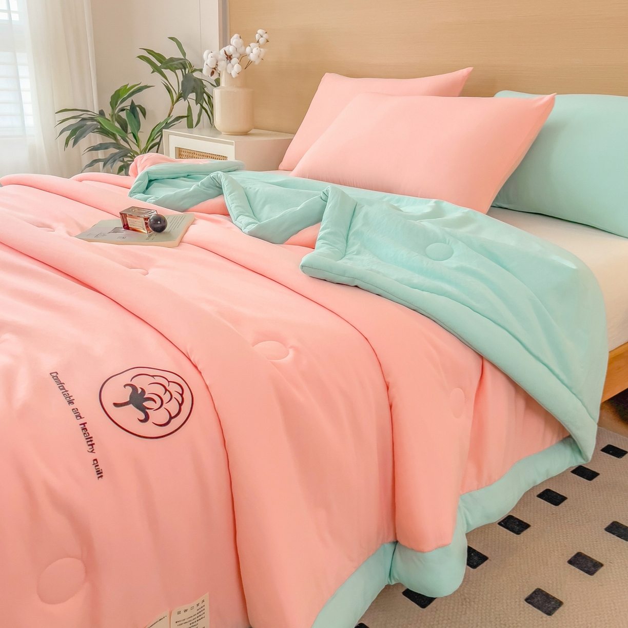 91家纺网 家纺一手货源 找家纺 好尚居 2026新款纯色烫画夏被夏凉被空调被-棉记 棉记-粉绿