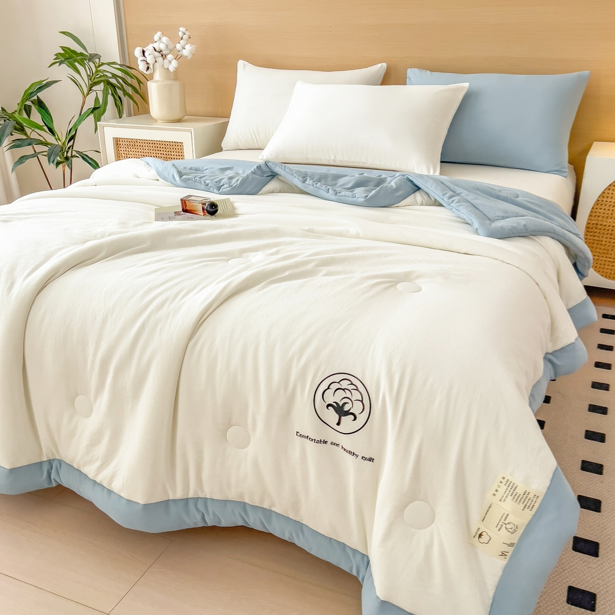 91家纺网 家纺一手货源 找家纺 好尚居 2026新款纯色烫画夏被夏凉被空调被-棉记 棉记-白蓝