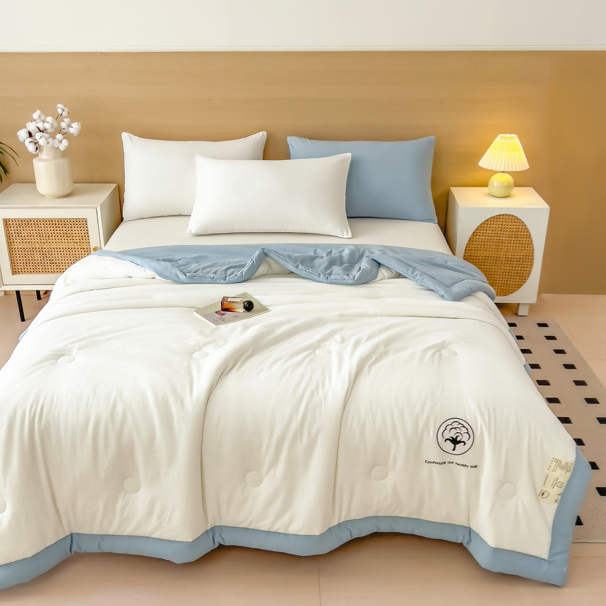 91家纺网 家纺一手货源 找家纺 好尚居 2026新款纯色烫画夏被夏凉被空调被-棉记 棉记-白蓝