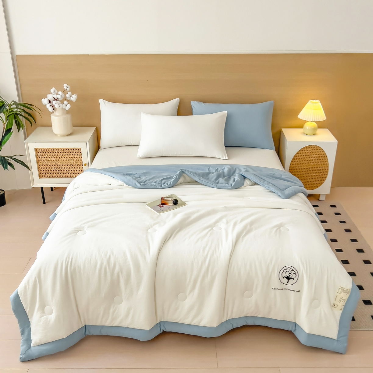 91家纺网 家纺一手货源 找家纺 好尚居 2026新款纯色烫画夏被夏凉被空调被-棉记 棉记-白蓝