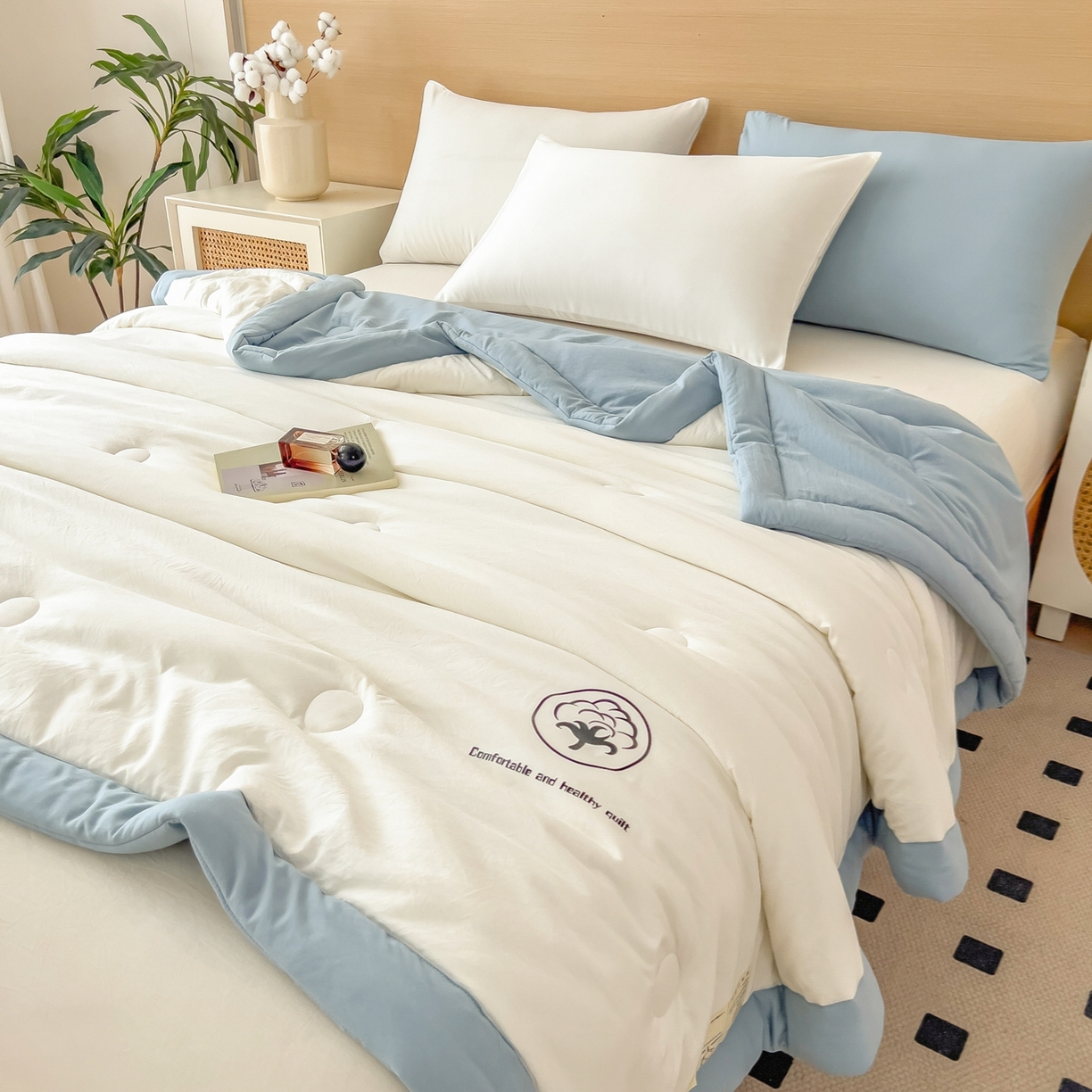 91家纺网 家纺一手货源 找家纺 好尚居 2026新款纯色烫画夏被夏凉被空调被-棉记 棉记-白蓝
