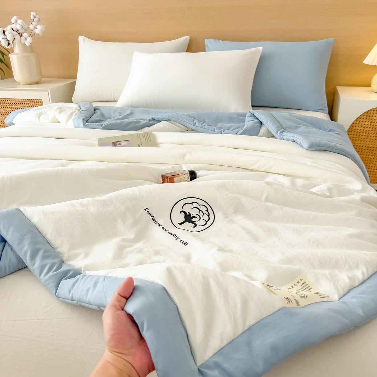91家纺网 家纺一手货源 找家纺 好尚居 2026新款纯色烫画夏被夏凉被空调被-棉记 棉记-白蓝