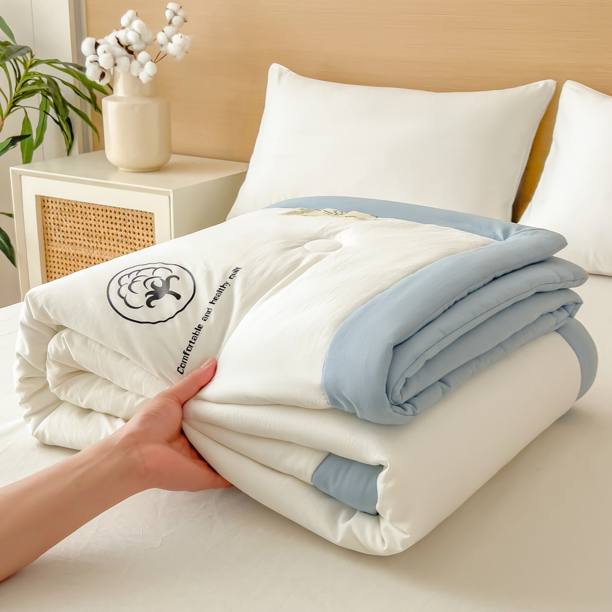 91家纺网 家纺一手货源 找家纺 好尚居 2026新款纯色烫画夏被夏凉被空调被-棉记 棉记-白蓝