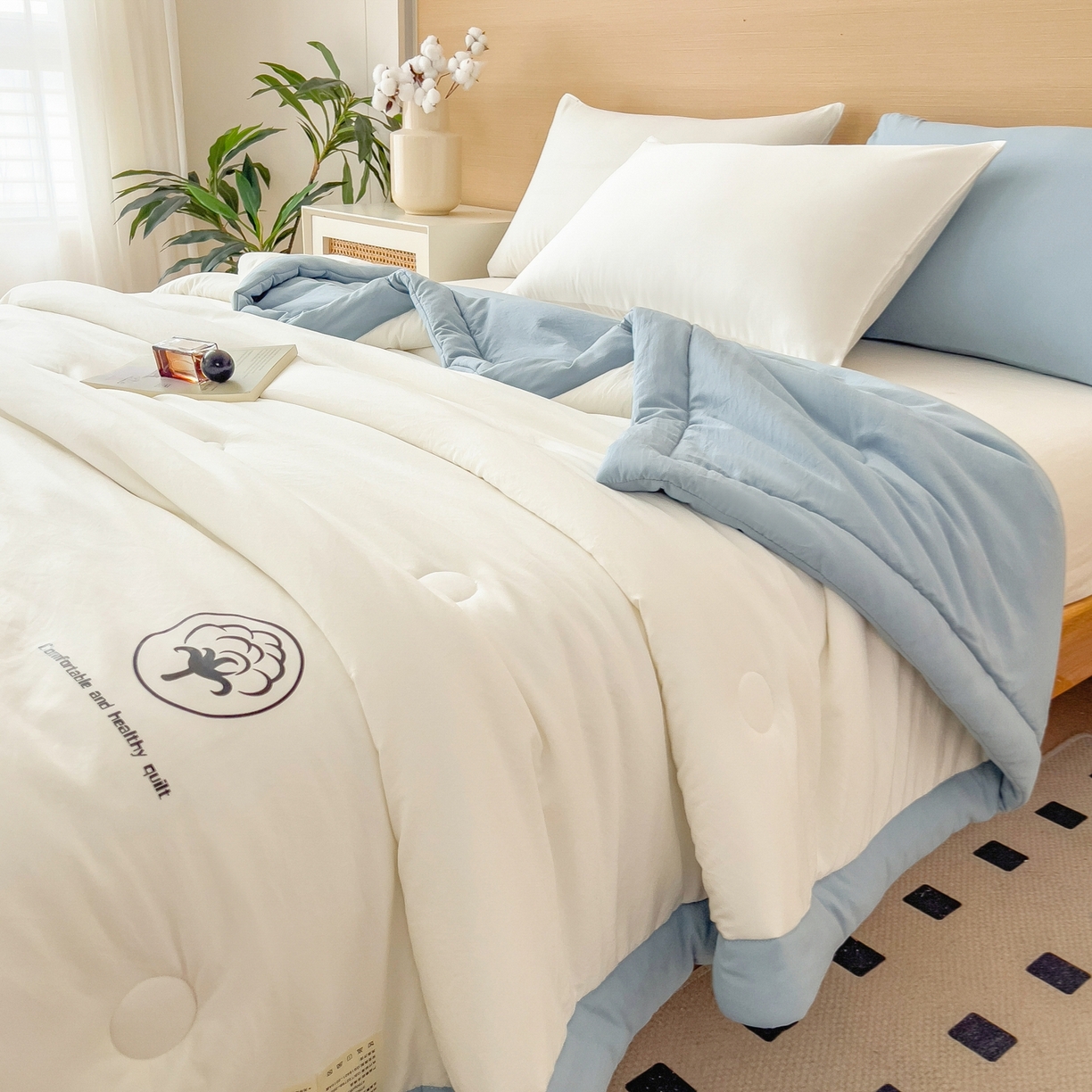 91家纺网 家纺一手货源 找家纺 好尚居 2026新款纯色烫画夏被夏凉被空调被-棉记 棉记-白蓝