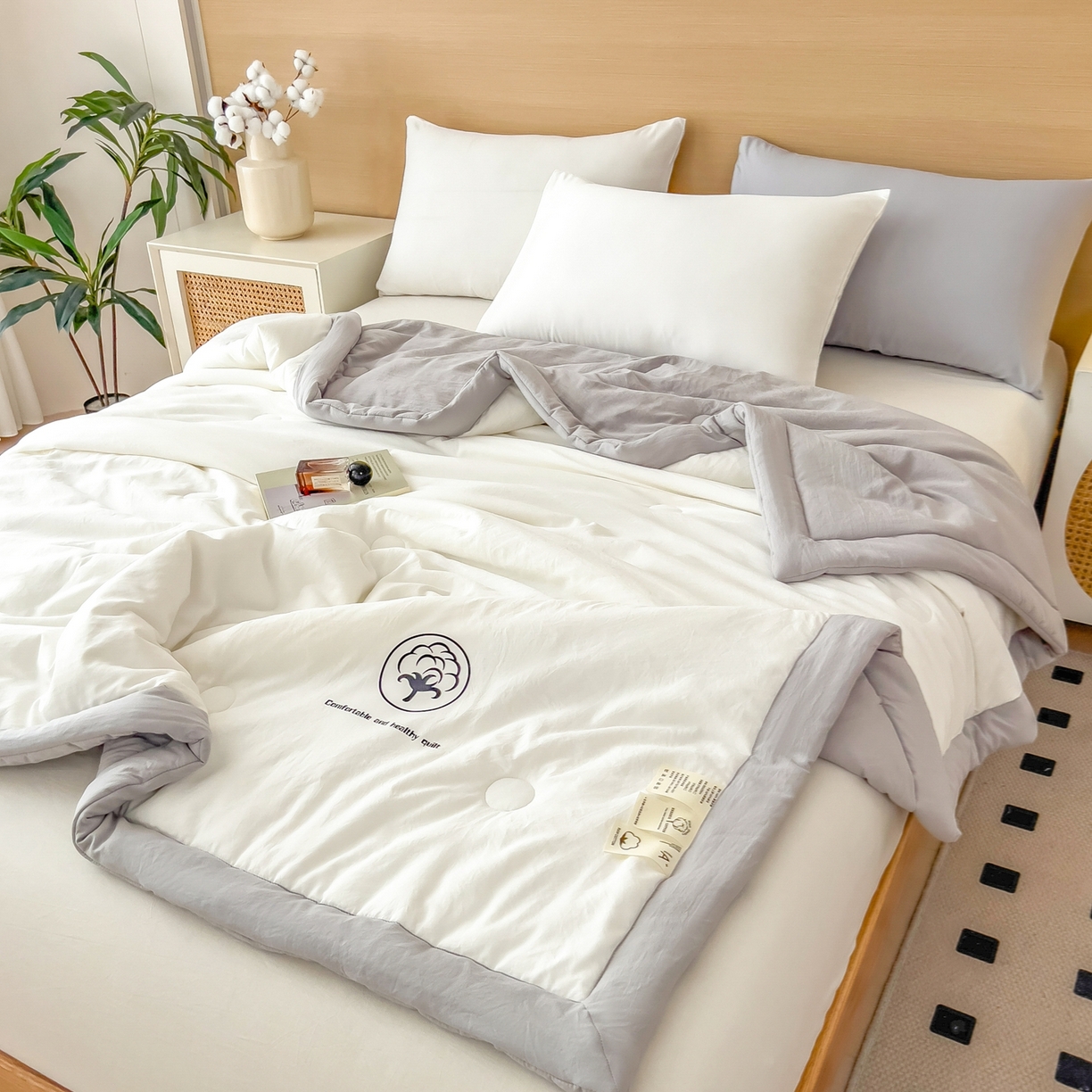 91家纺网 家纺一手货源 找家纺 好尚居 2026新款纯色烫画夏被夏凉被空调被-棉记 棉记-白灰