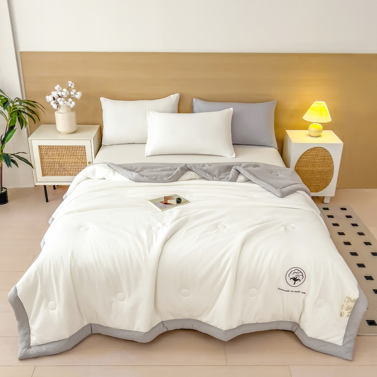 91家纺网 家纺一手货源 找家纺 好尚居 2026新款纯色烫画夏被夏凉被空调被-棉记 棉记-白灰