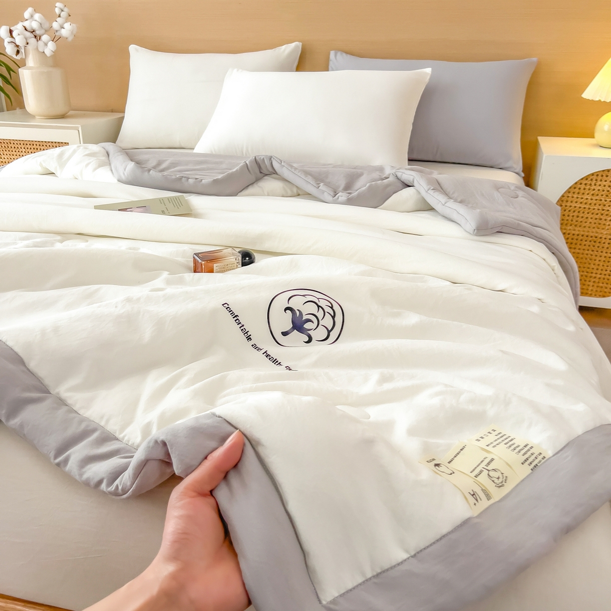 91家纺网 家纺一手货源 找家纺 好尚居 2026新款纯色烫画夏被夏凉被空调被-棉记 棉记-白灰