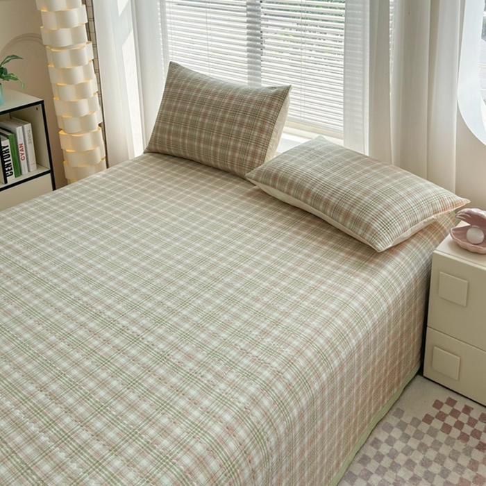 91家纺网 家纺一手货源 找家纺 梦精灵家纺 2026新款全棉纯棉色织水洗棉四件套绗缝夹棉床盖防滑床单四季通用米单人学生宿舍 利奥-绿