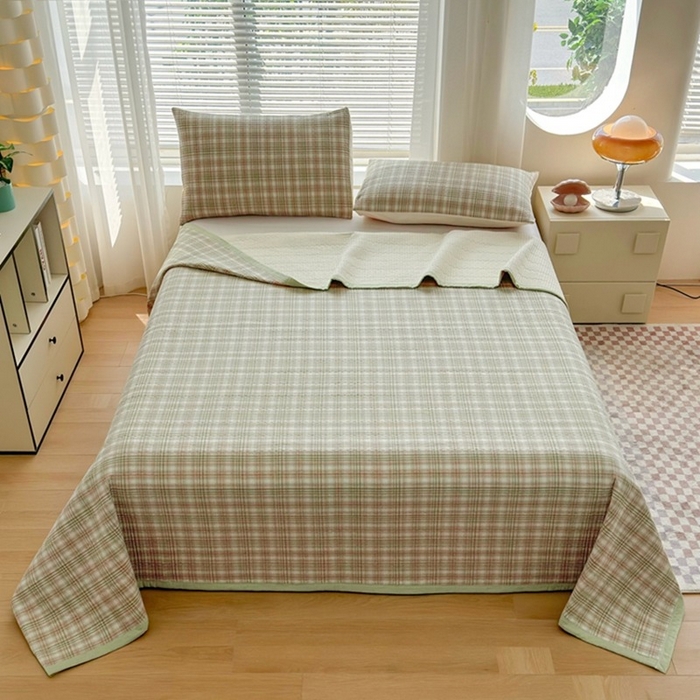 91家纺网 家纺一手货源 找家纺 梦精灵家纺 2026新款全棉纯棉色织水洗棉四件套绗缝夹棉床盖防滑床单四季通用米单人学生宿舍 利奥-绿