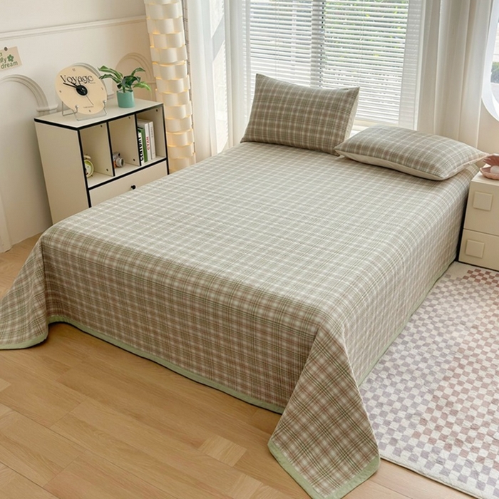 91家纺网 家纺一手货源 找家纺 梦精灵家纺 2026新款全棉纯棉色织水洗棉四件套绗缝夹棉床盖防滑床单四季通用米单人学生宿舍 利奥-绿